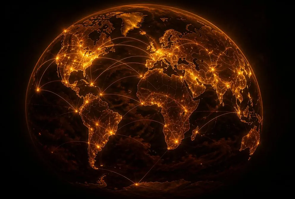 A glowing globe with warm arcs of light connecting continents